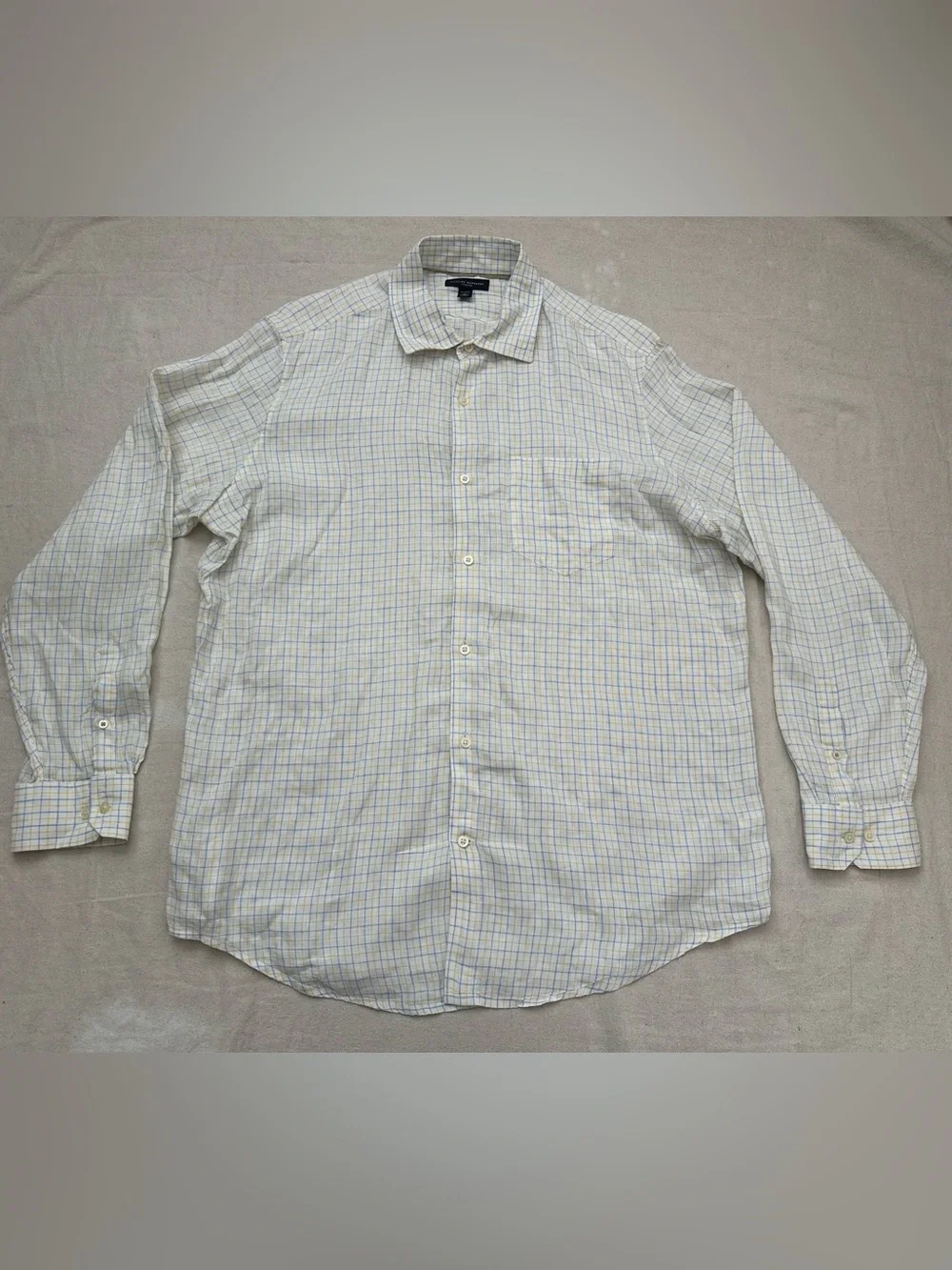 Banana Republic Mens XL 100% Linen Plaid Button Down Shirt Blue Yellow Classic